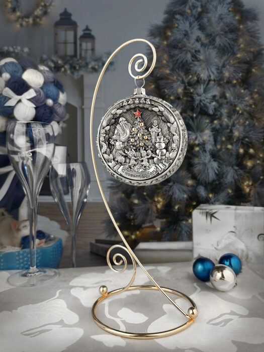 Набор из 4 серебряных ёлочных шаров "Колокольчики, Снегири, Ностальгия и Счастливое детство"